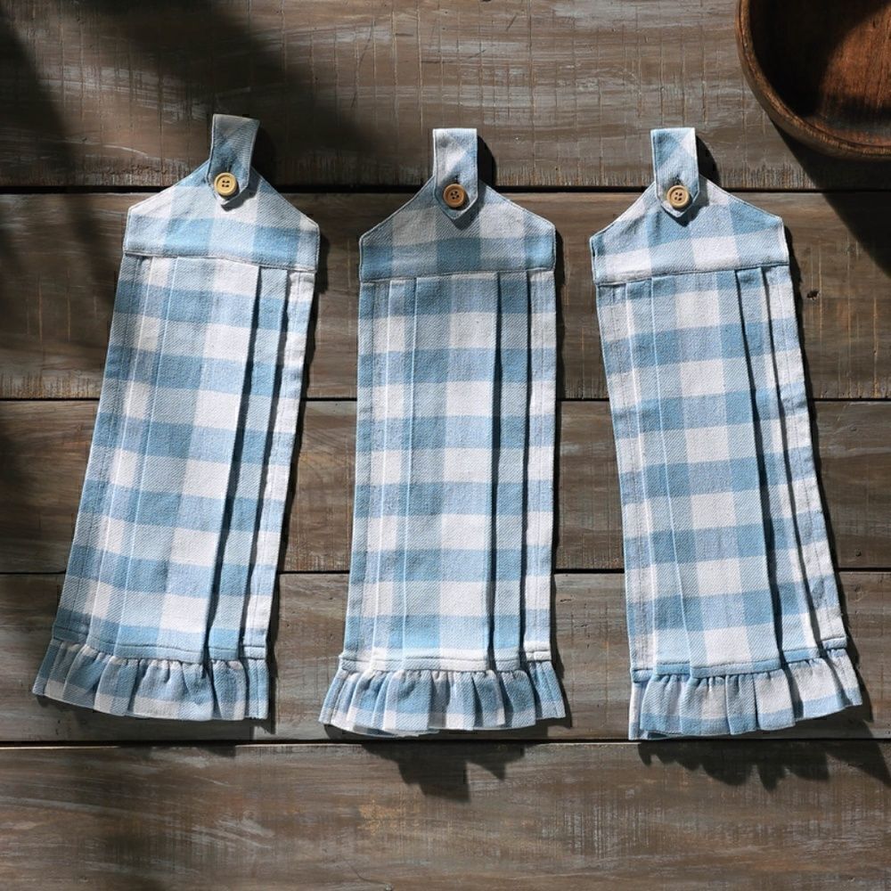 Blue White Buffalo Plaid Ruffled Tea Towel Set of 3 Button Loop Country Picnic